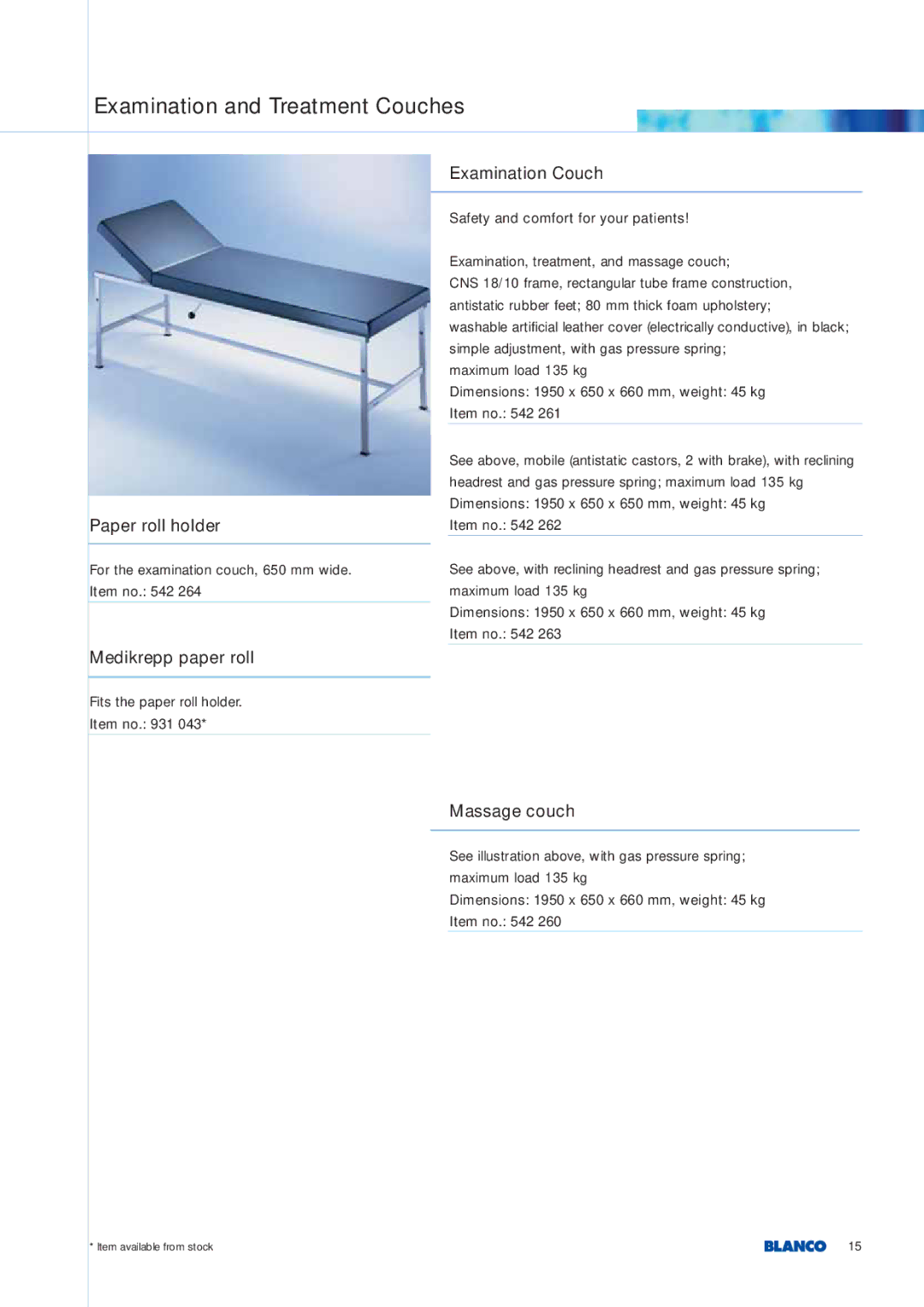 Blanco Tbingen manual Examination and Treatment Couches, Paper roll holder, Examination Couch, Medikrepp paper roll 