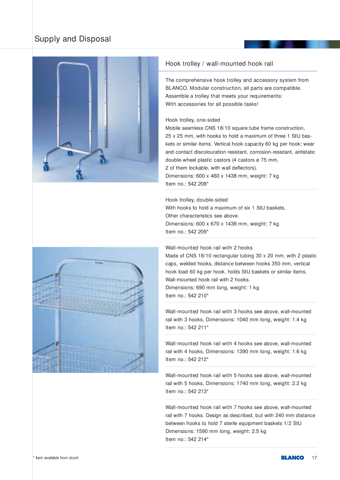 Blanco Tbingen manual Supply and Disposal, Hook trolley / wall-mounted hook rail 