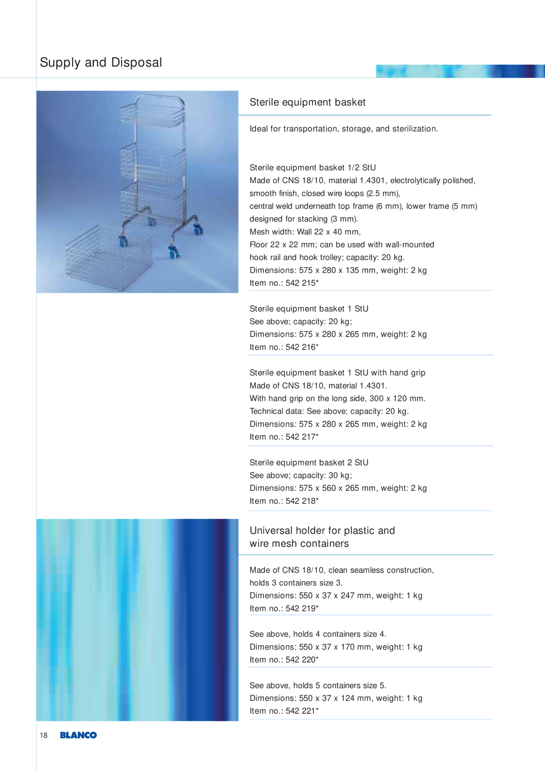 Blanco Tbingen manual Sterile equipment basket, Universal holder for plastic and wire mesh containers 