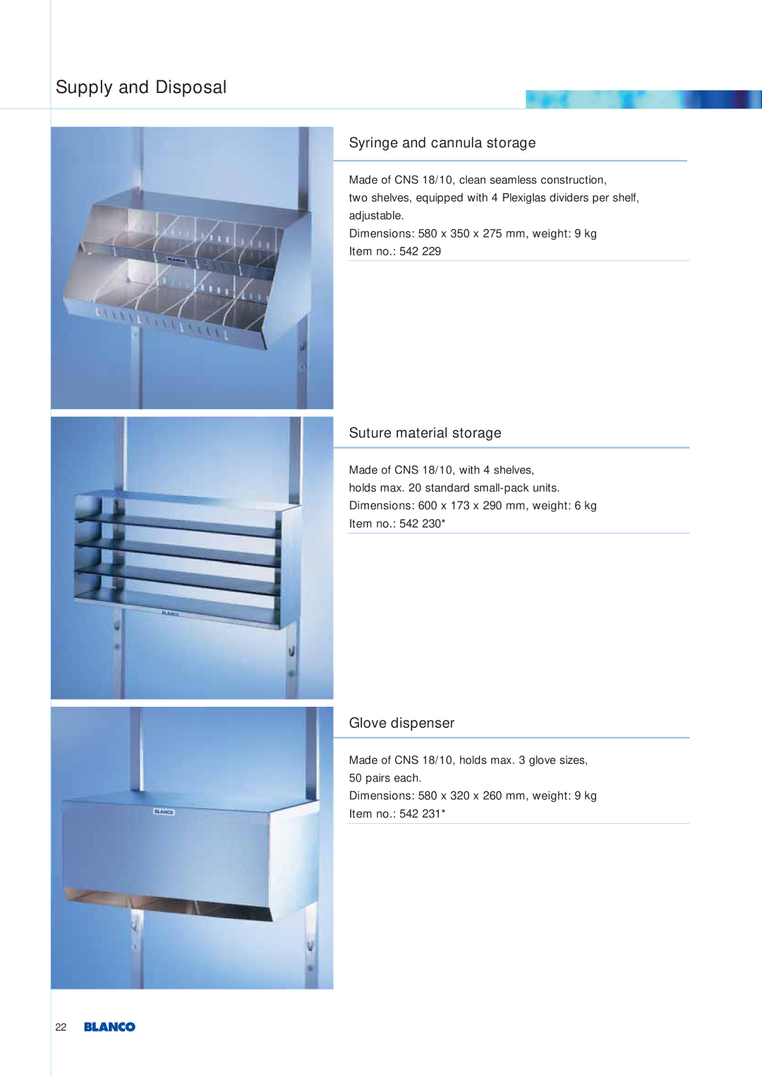 Blanco Tbingen manual Syringe and cannula storage, Suture material storage, Glove dispenser 