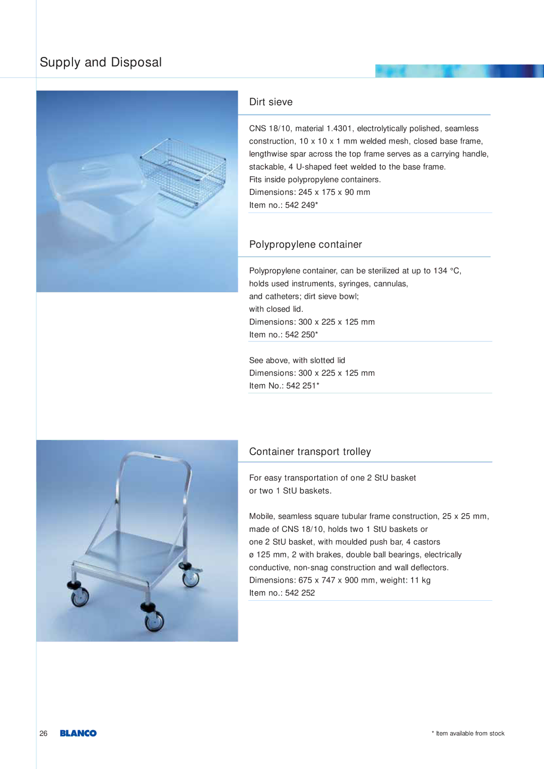 Blanco Tbingen manual Dirt sieve, Polypropylene container, Container transport trolley 