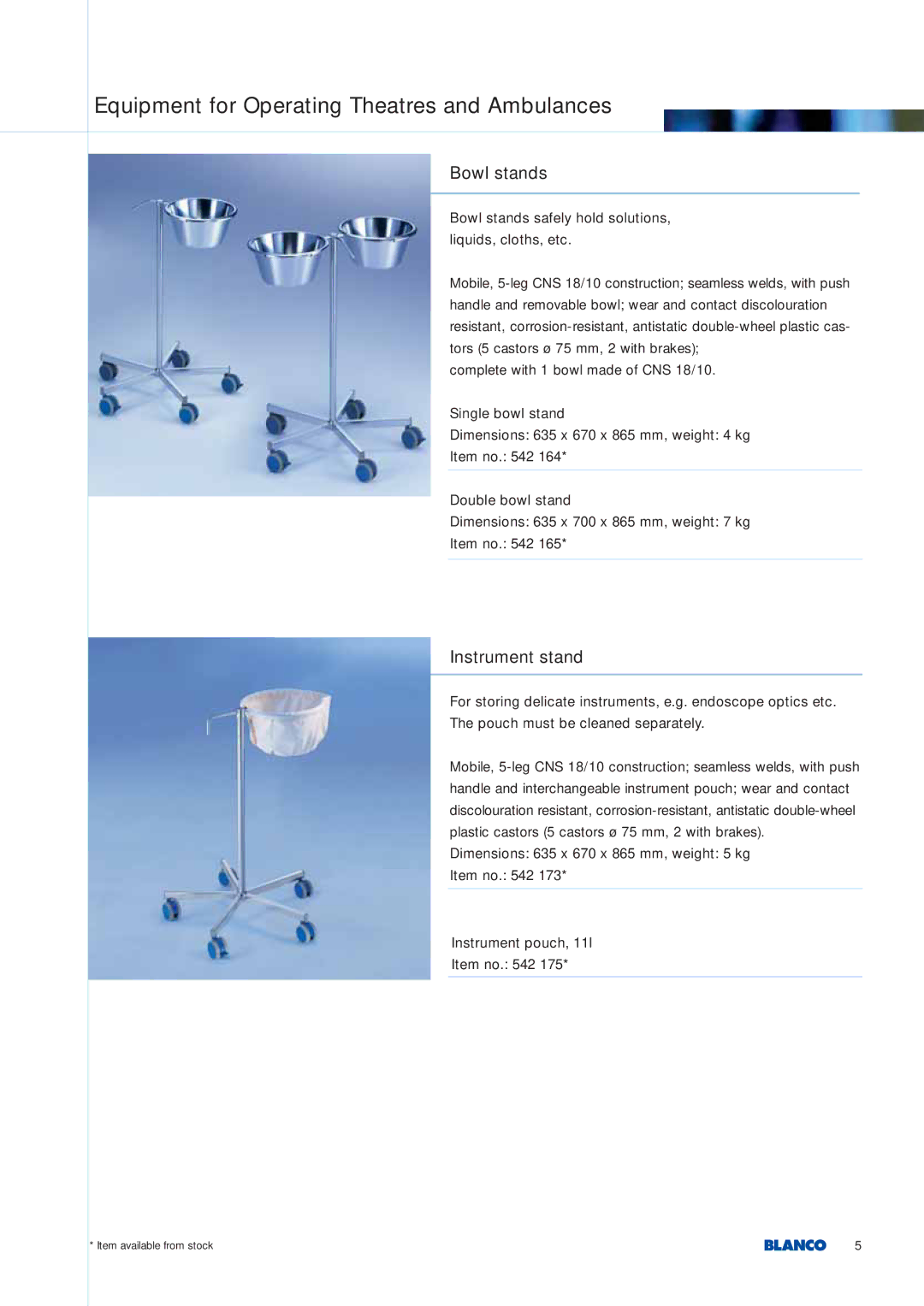 Blanco Tbingen manual Equipment for Operating Theatres and Ambulances, Bowl stands, Instrument stand 