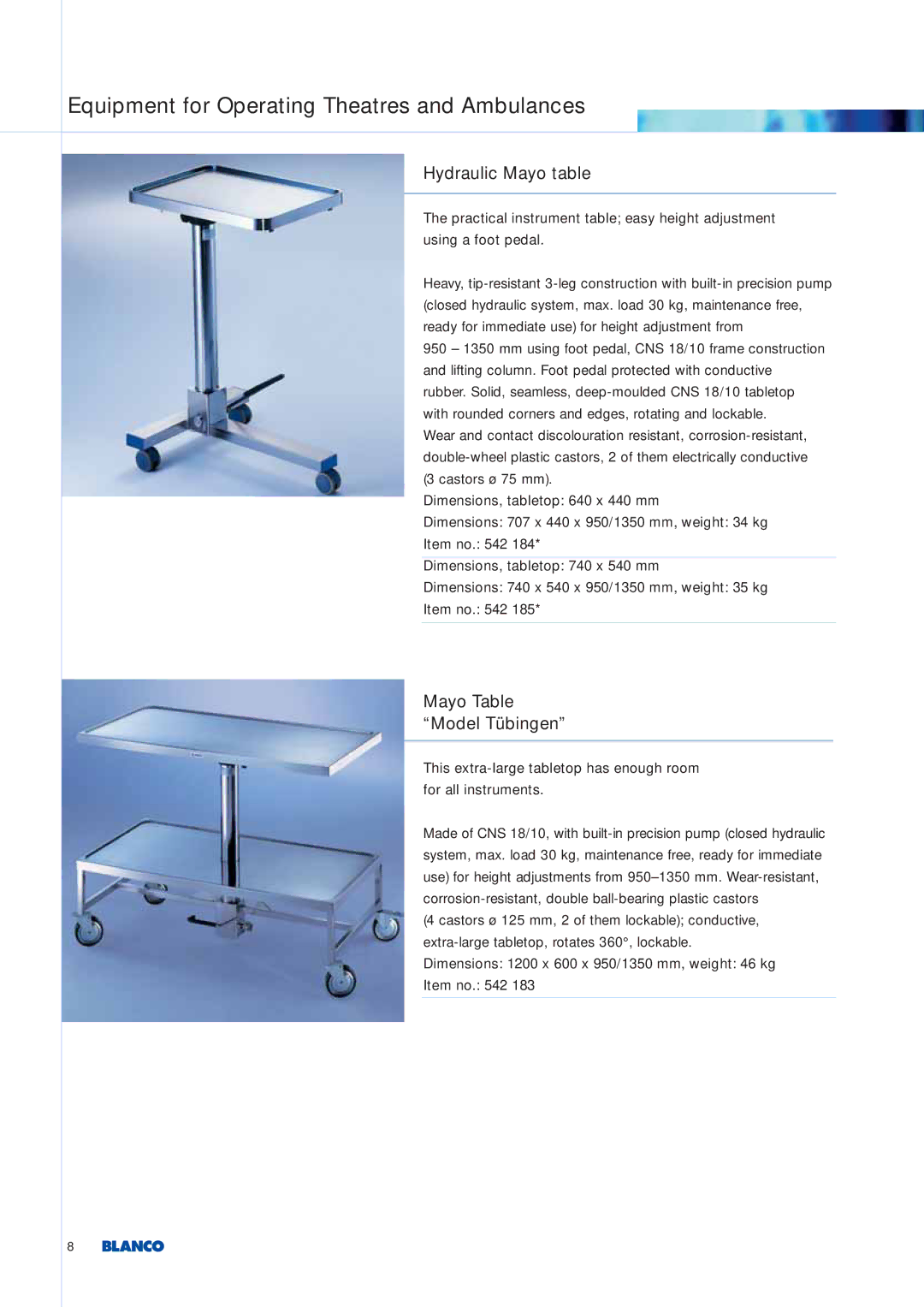 Blanco Tbingen manual Hydraulic Mayo table, Mayo Table Model Tübingen 