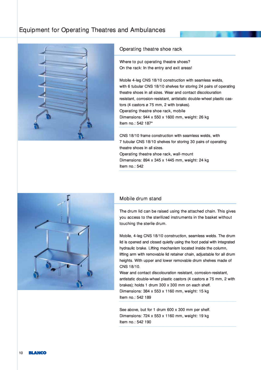 Blanco Tbingen manual Operating theatre shoe rack, Mobile drum stand, Equipment for Operating Theatres and Ambulances 