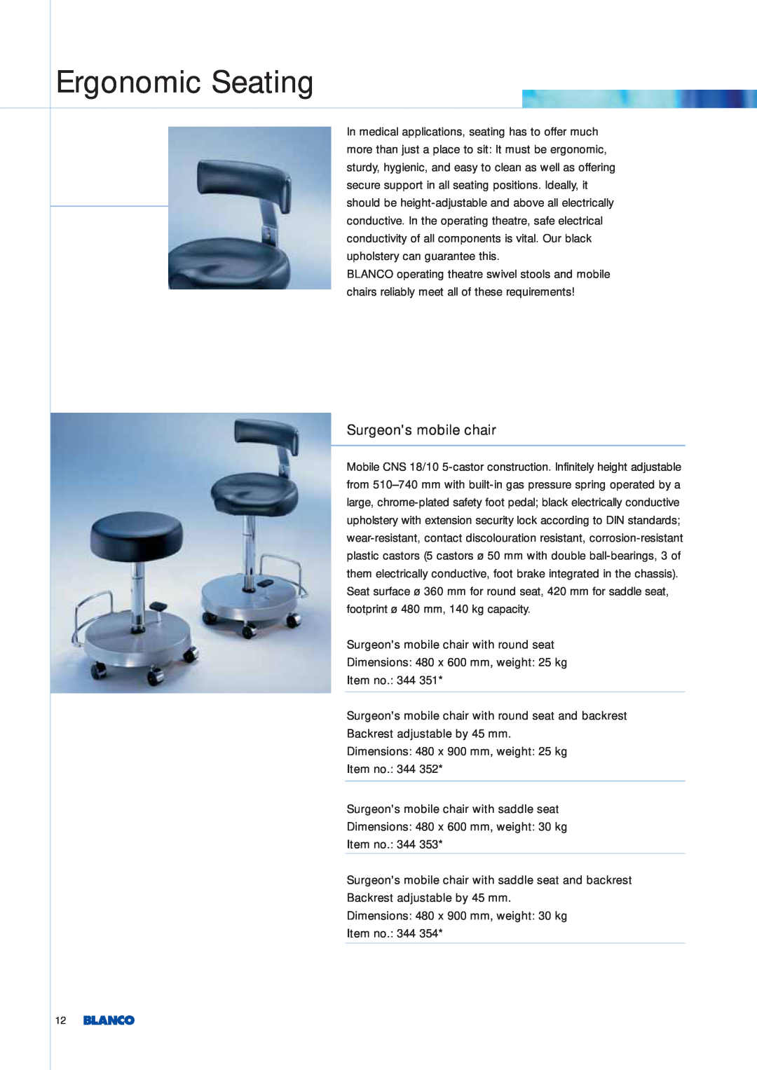 Blanco Tbingen manual Ergonomic Seating, Surgeons mobile chair 