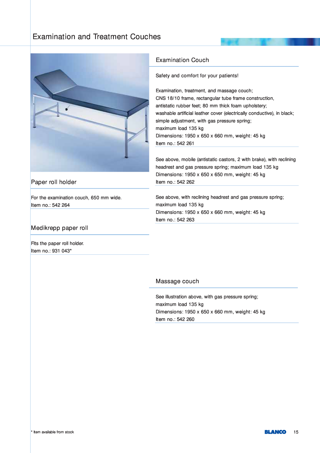 Blanco Tbingen manual Examination and Treatment Couches, Paper roll holder, Examination Couch, Medikrepp paper roll 