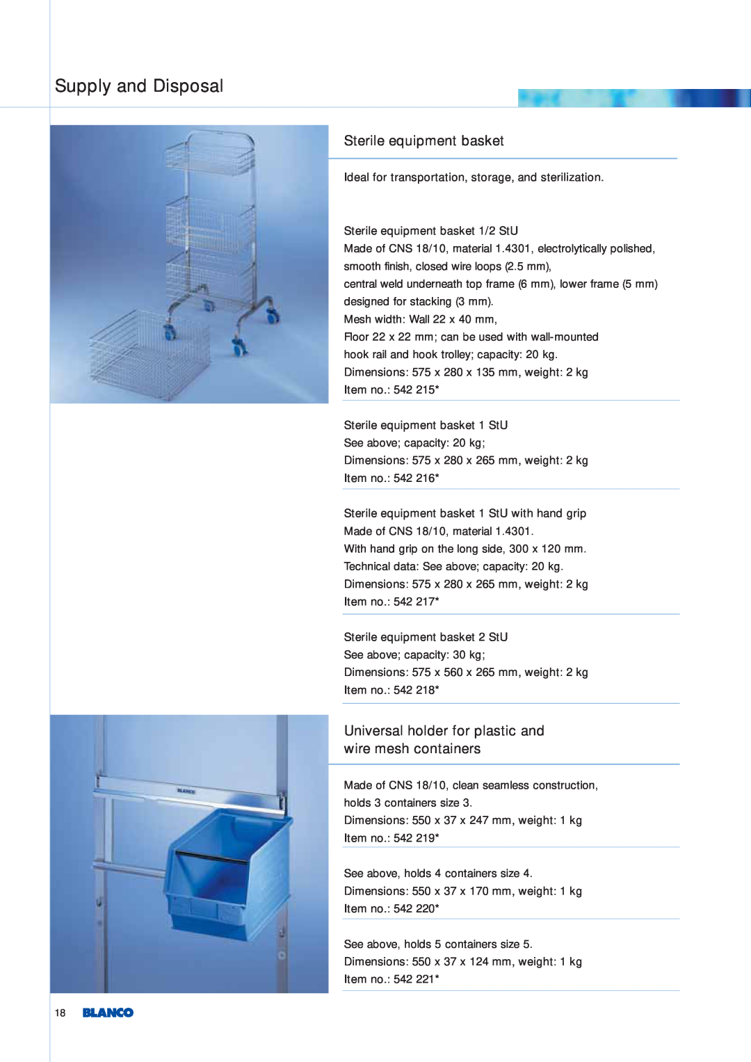 Blanco Tbingen manual Sterile equipment basket, Supply and Disposal 