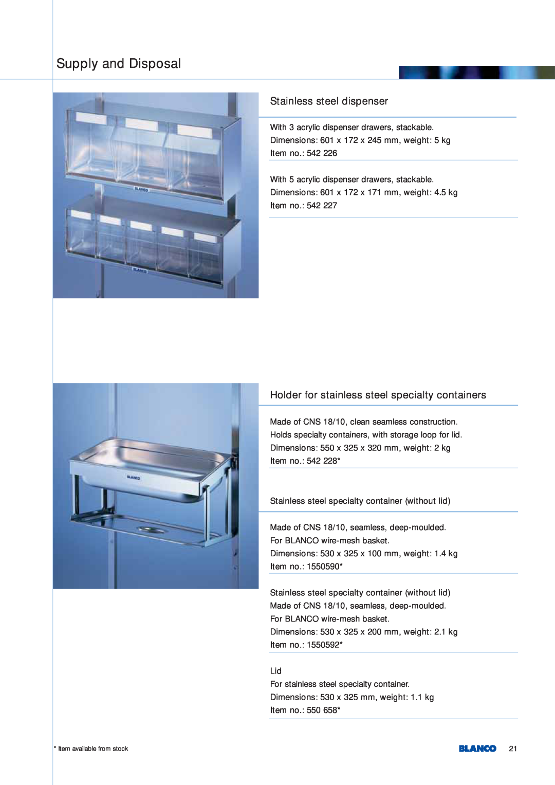 Blanco Tbingen manual Stainless steel dispenser, Holder for stainless steel specialty containers, Supply and Disposal 