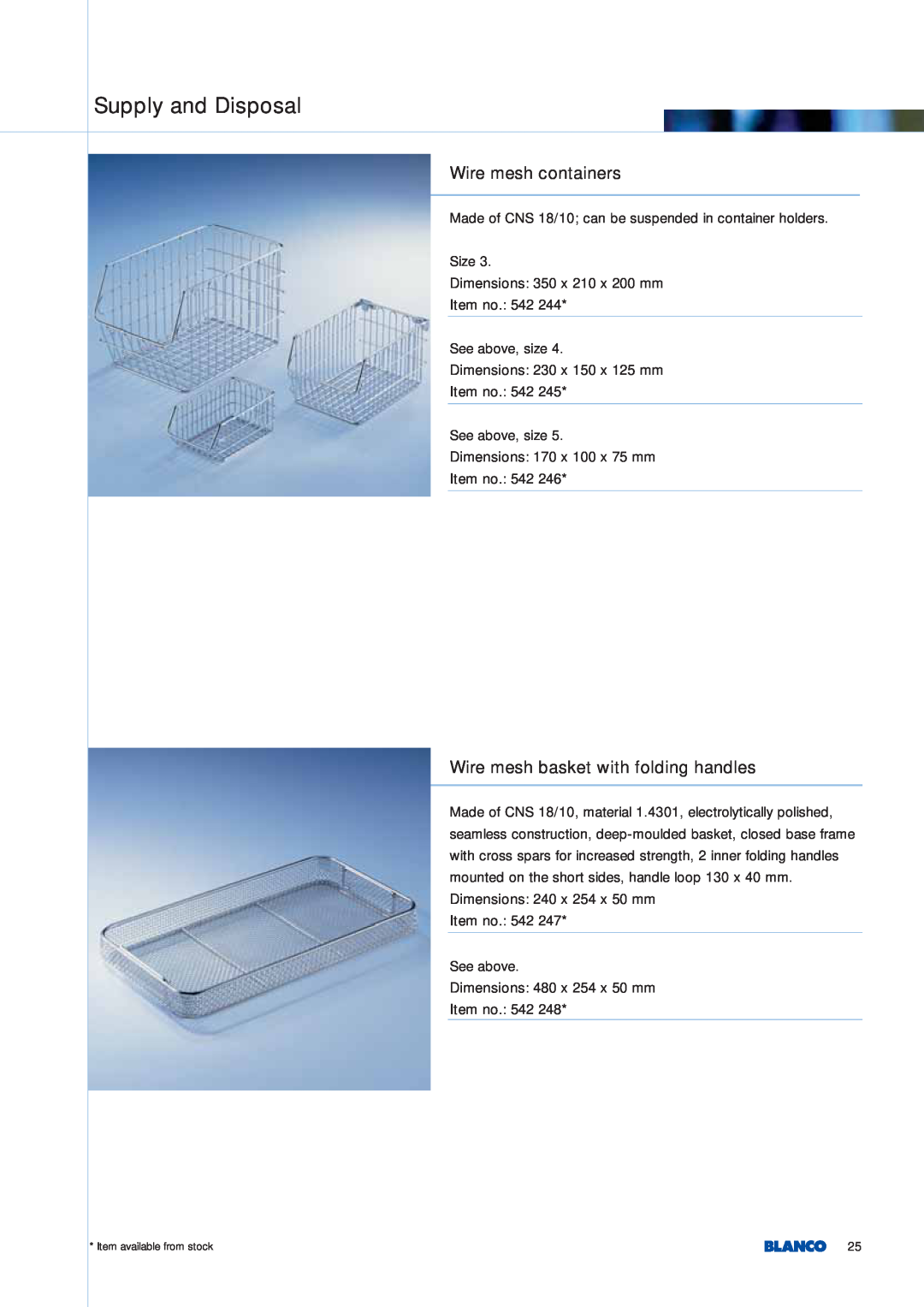 Blanco Tbingen manual Wire mesh containers, Wire mesh basket with folding handles, Supply and Disposal 