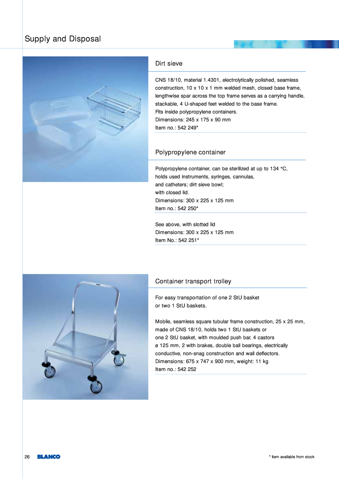 Blanco Tbingen manual Dirt sieve, Polypropylene container, Container transport trolley, Supply and Disposal 