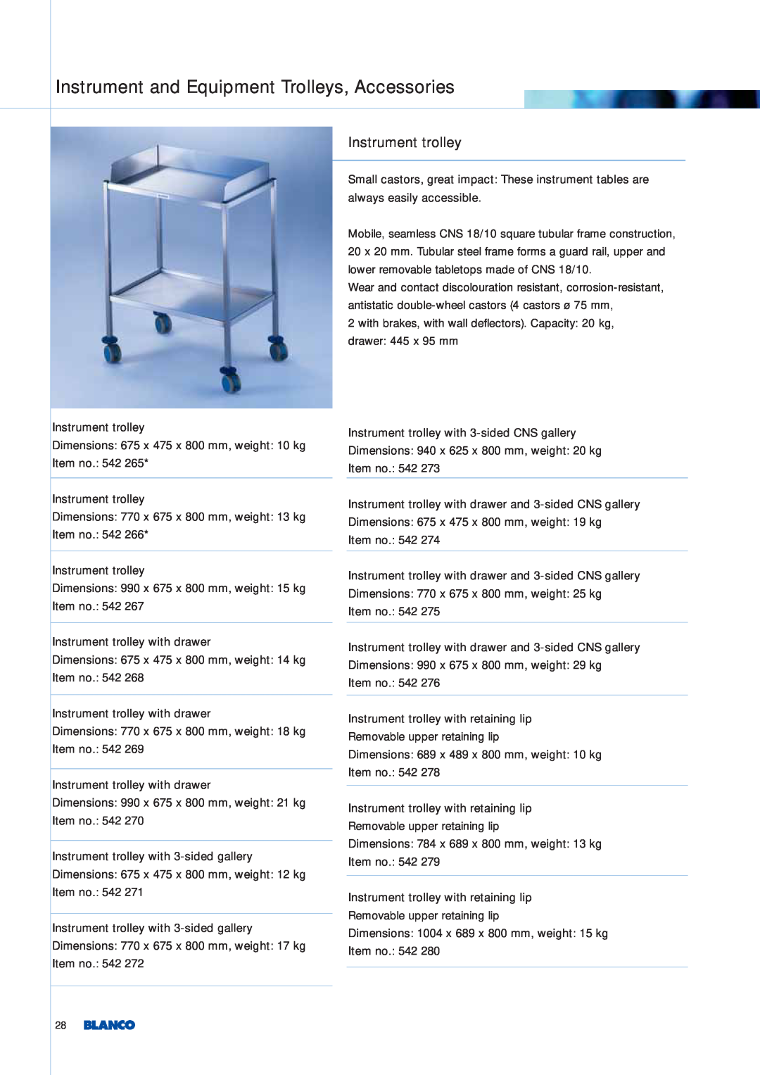 Blanco Tbingen manual Instrument and Equipment Trolleys, Accessories, Instrument trolley 