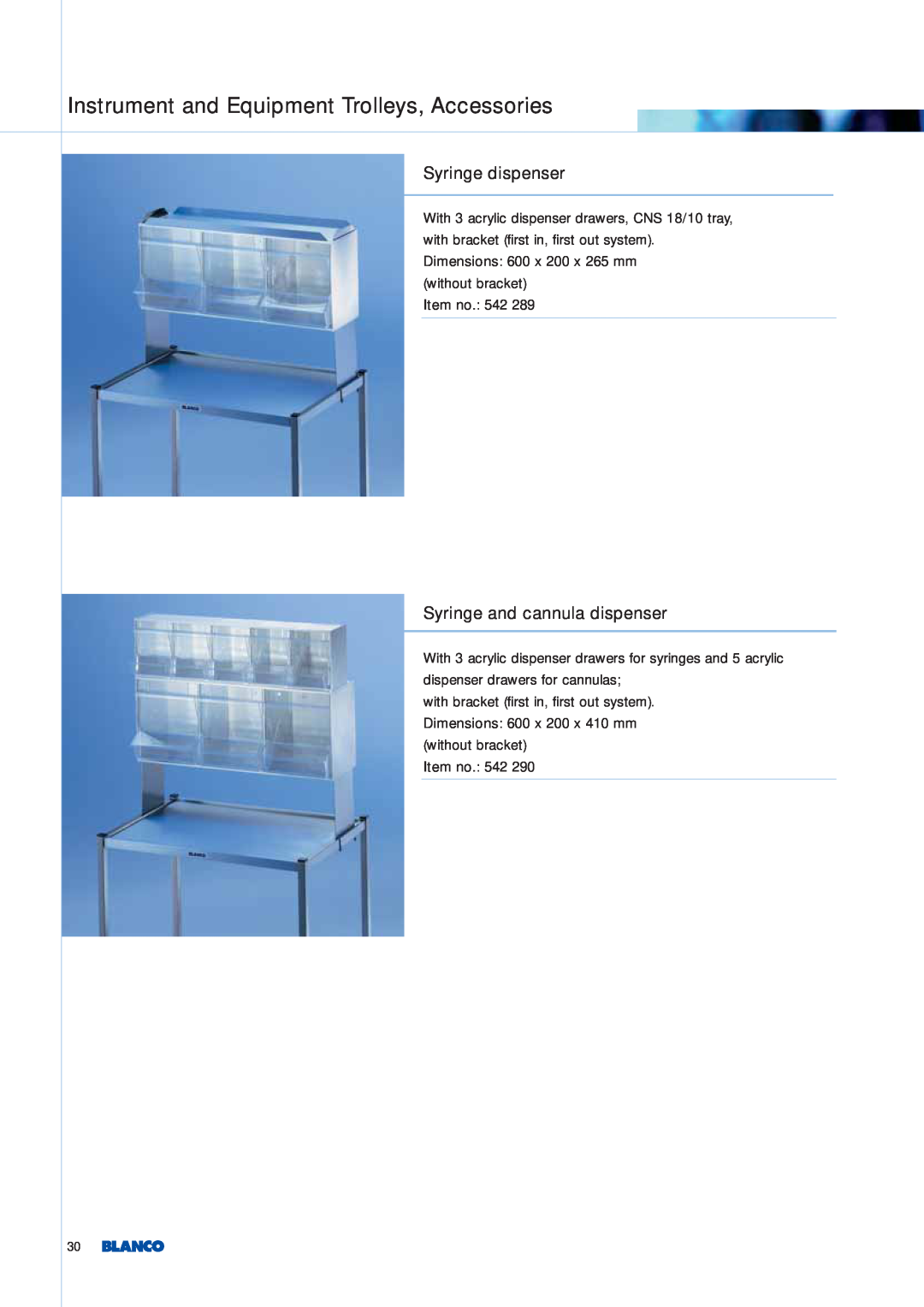 Blanco Tbingen manual Syringe dispenser, Syringe and cannula dispenser, Instrument and Equipment Trolleys, Accessories 