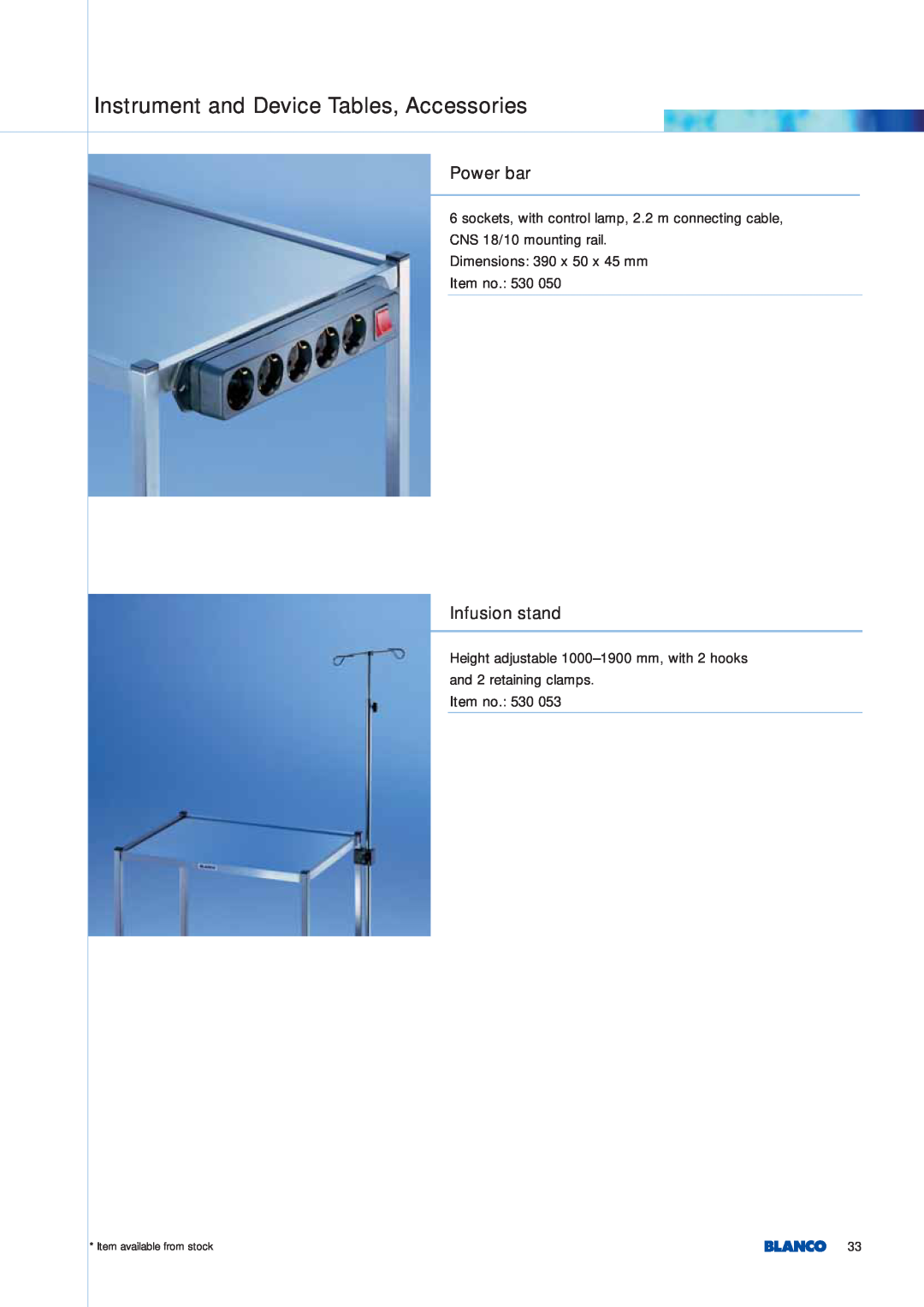 Blanco Tbingen Power bar, Instrument and Device Tables, Accessories, Infusion stand, Dimensions 390 x 50 x 45 mm Item no 