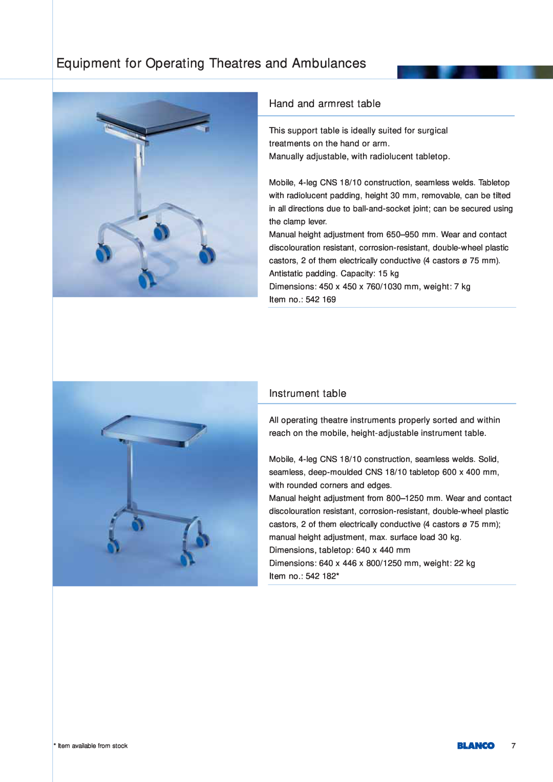 Blanco Tbingen manual Hand and armrest table, Instrument table, Equipment for Operating Theatres and Ambulances 