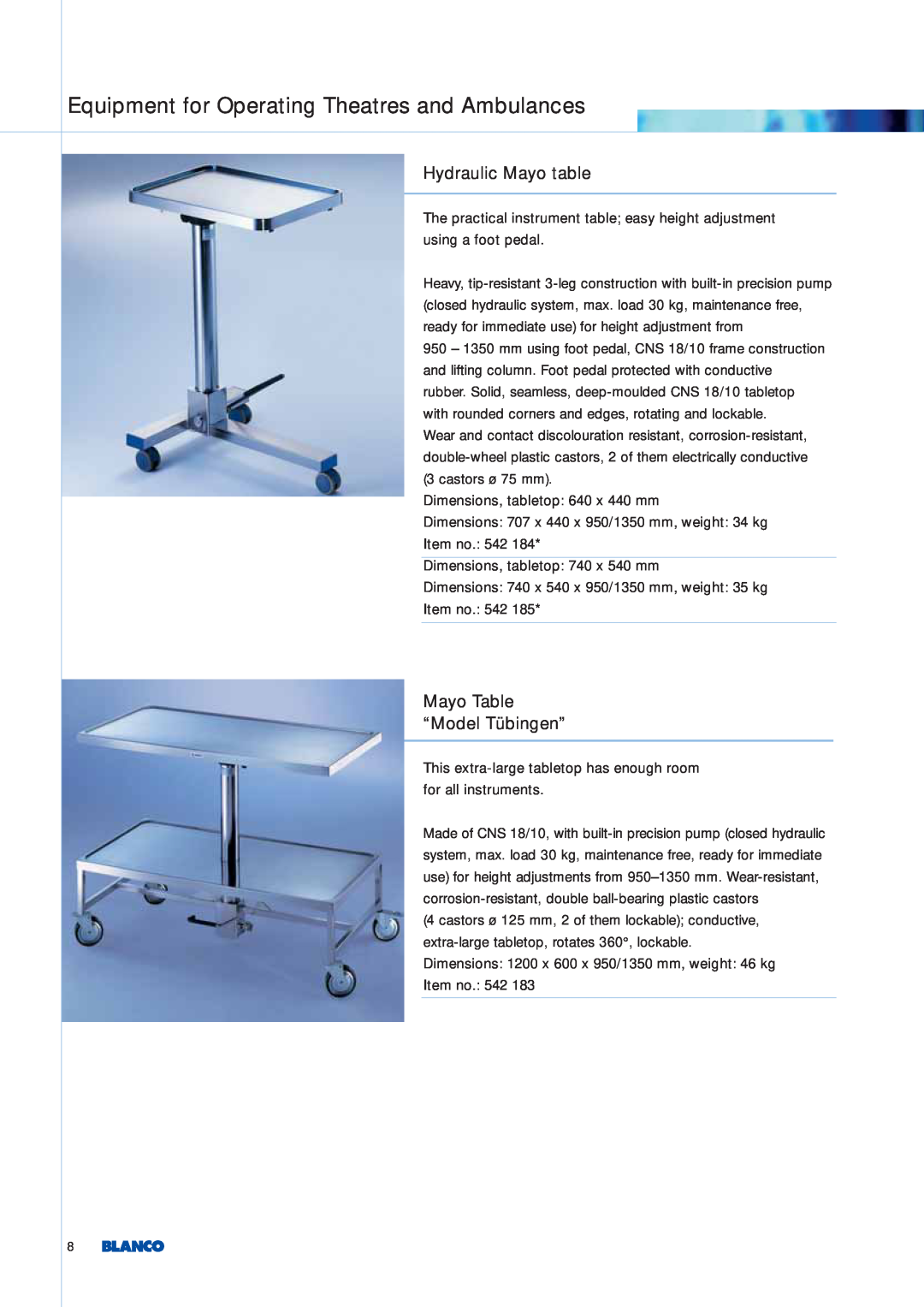 Blanco Tbingen manual Hydraulic Mayo table, Mayo Table “Model Tübingen”, Equipment for Operating Theatres and Ambulances 