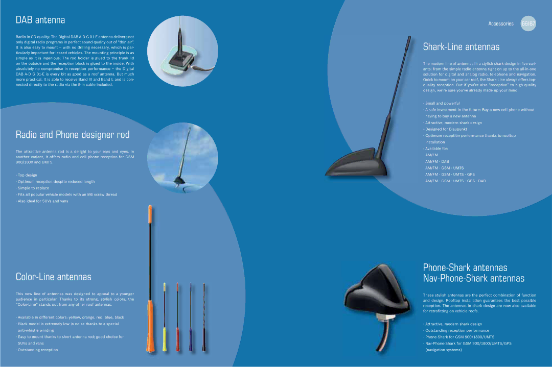 Blaupunkt 2007, 2008 manual DAB antenna, Radio and Phone designer rod, Color-Line antennas, Shark-Line antennas 