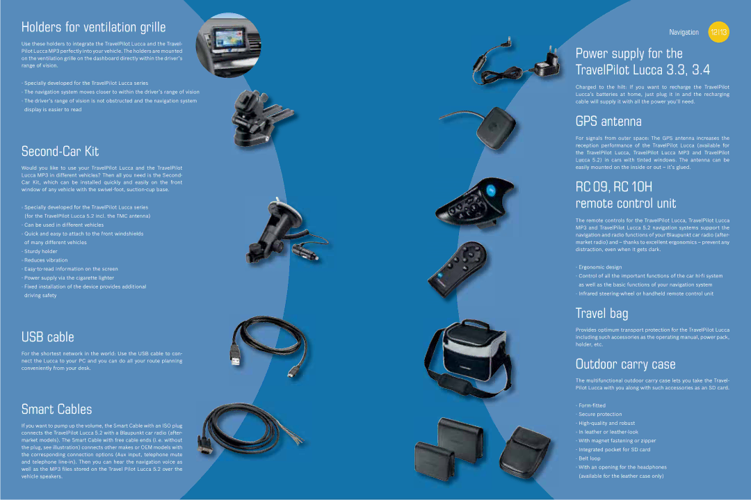 Blaupunkt 2008, 2007 manual Holders for ventilation grille, Second-Car Kit, USB cable, Smart Cables, GPS antenna, Travel bag 