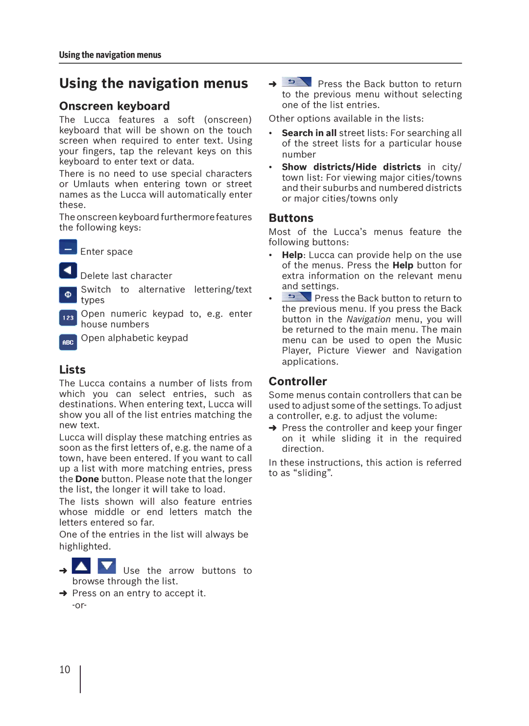 Blaupunkt 3.3 EE installation instructions Using the navigation menus, Onscreen keyboard, Lists, Buttons, Controller 