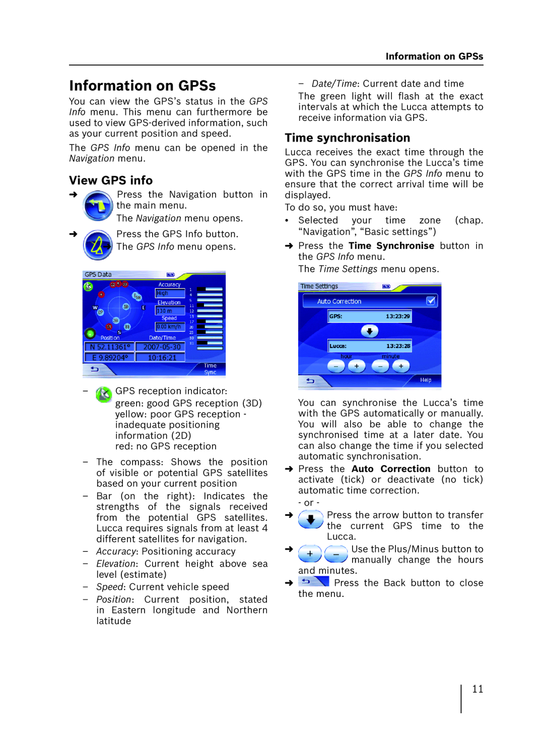 Blaupunkt 3.3 EE installation instructions Information on GPSs, View GPS info, Time synchronisation 