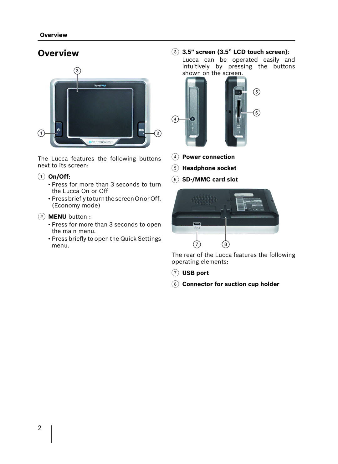 Blaupunkt 3.3 EE installation instructions Overview, On/Off, Power connection Headphone socket SD-/MMC card slot 