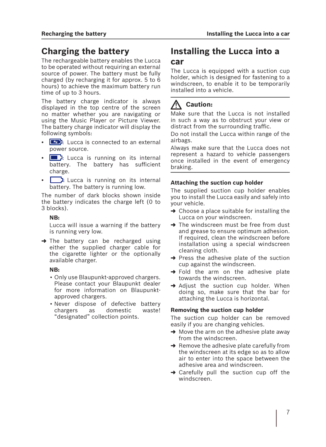 Blaupunkt 3.3 EE installation instructions Charging the battery, Installing the Lucca into a car, Recharging the battery 