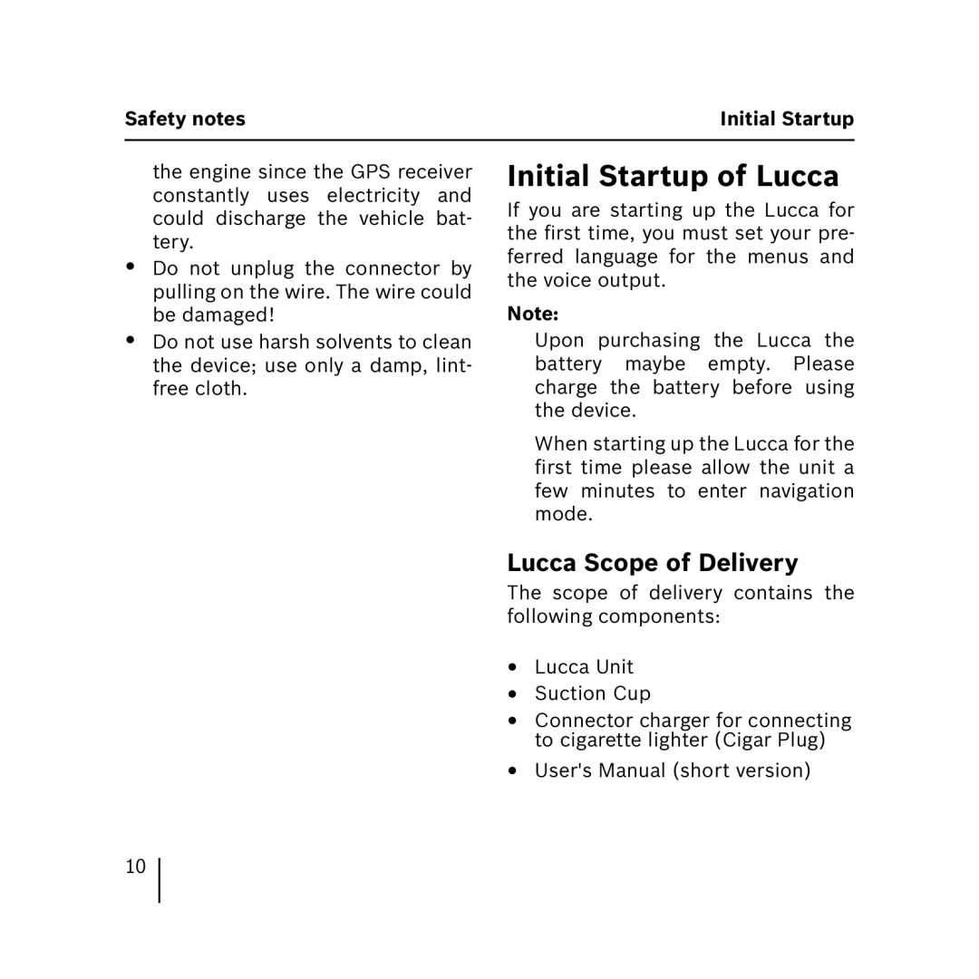 Blaupunkt 3.3 operating instructions Initial Startup of Lucca, Lucca Scope of Delivery, Safety notes Initial Startup 