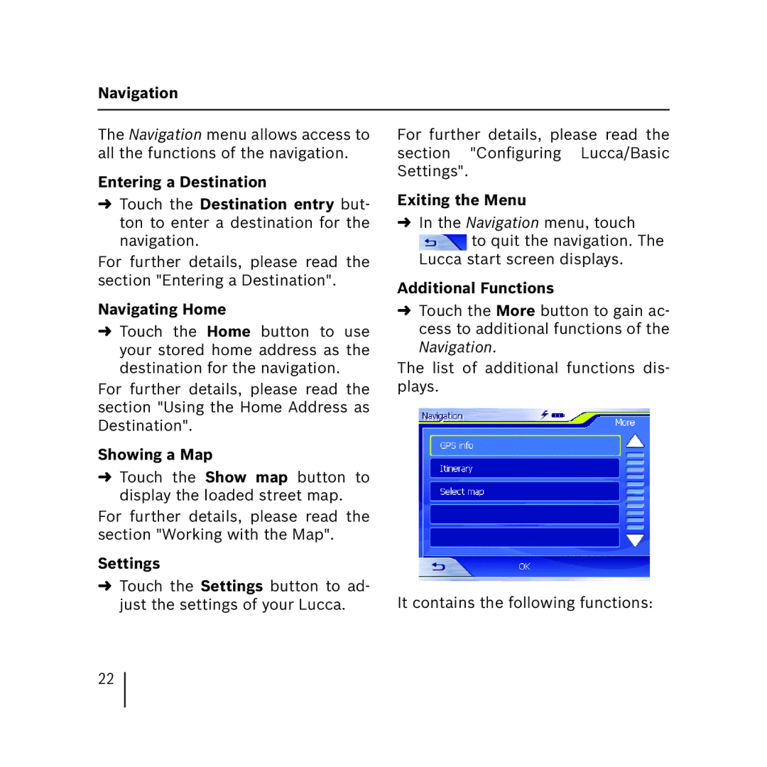 Blaupunkt 3.3 operating instructions Entering a Destination, Navigating Home, Showing a Map, Settings, Exiting the Menu 