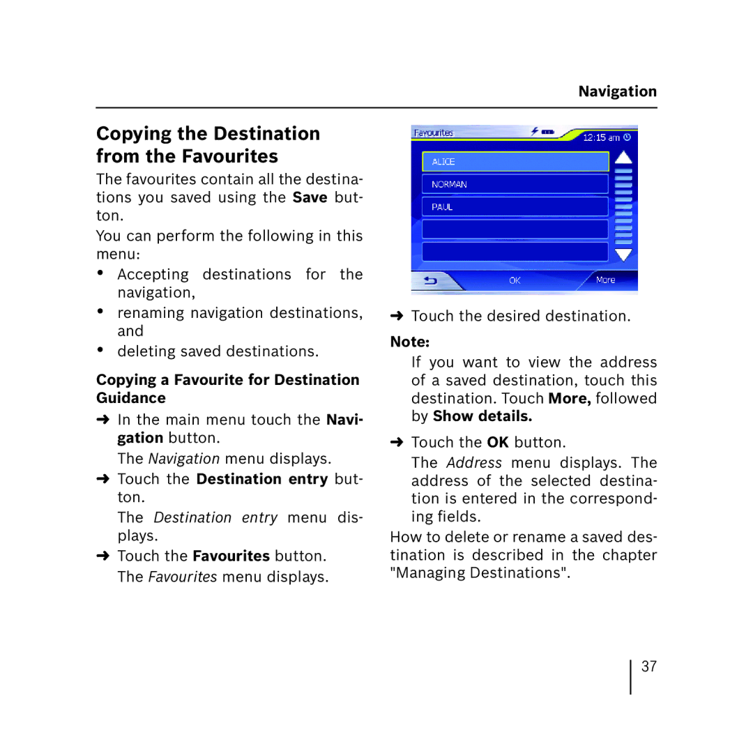 Blaupunkt 3.3 Copying the Destination from the Favourites, Copying a Favourite for Destination Guidance 