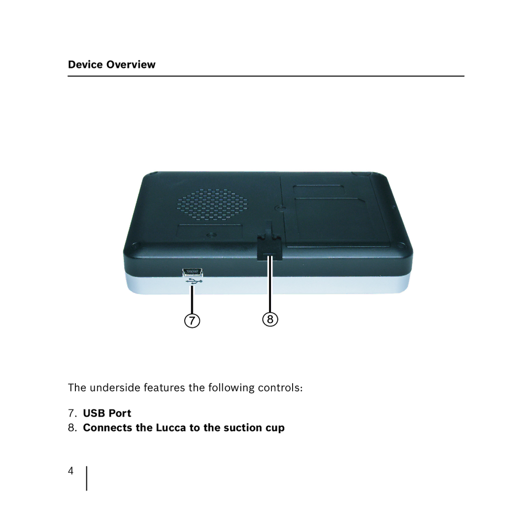 Blaupunkt 3.3 operating instructions USB Port Connects the Lucca to the suction cup 