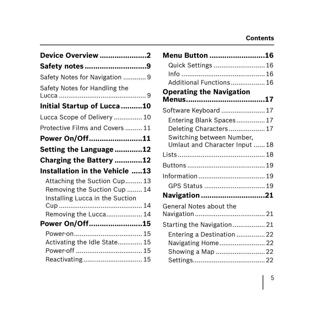 Blaupunkt 3.3 operating instructions Operating the Navigation Menus, Contents 