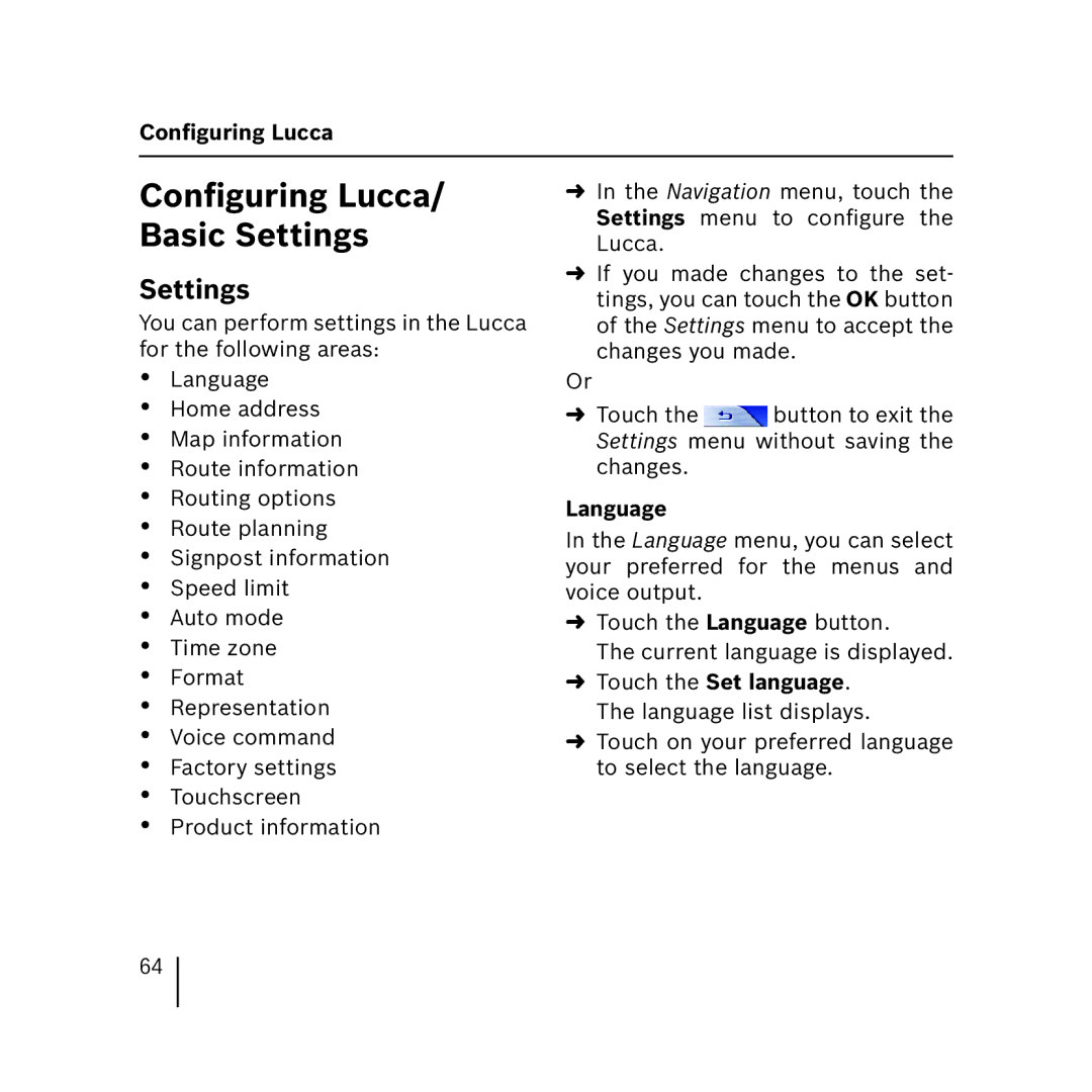 Blaupunkt 3.3 operating instructions Conﬁguring Lucca/ Basic Settings, Language 