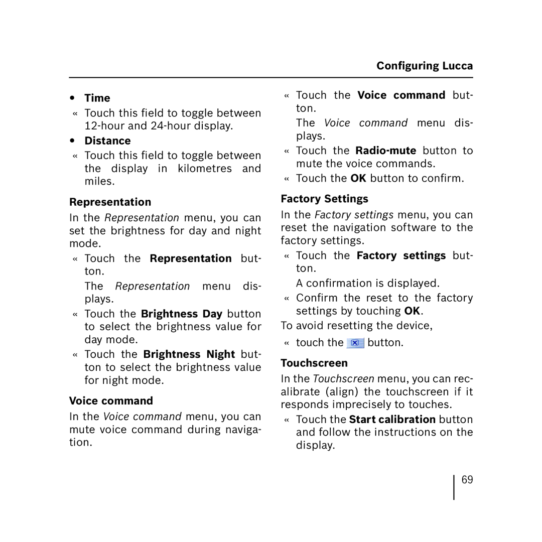 Blaupunkt 3.3 Conﬁguring Lucca Time, Distance, Representation, Factory Settings, Touch the Factory settings but- ton 