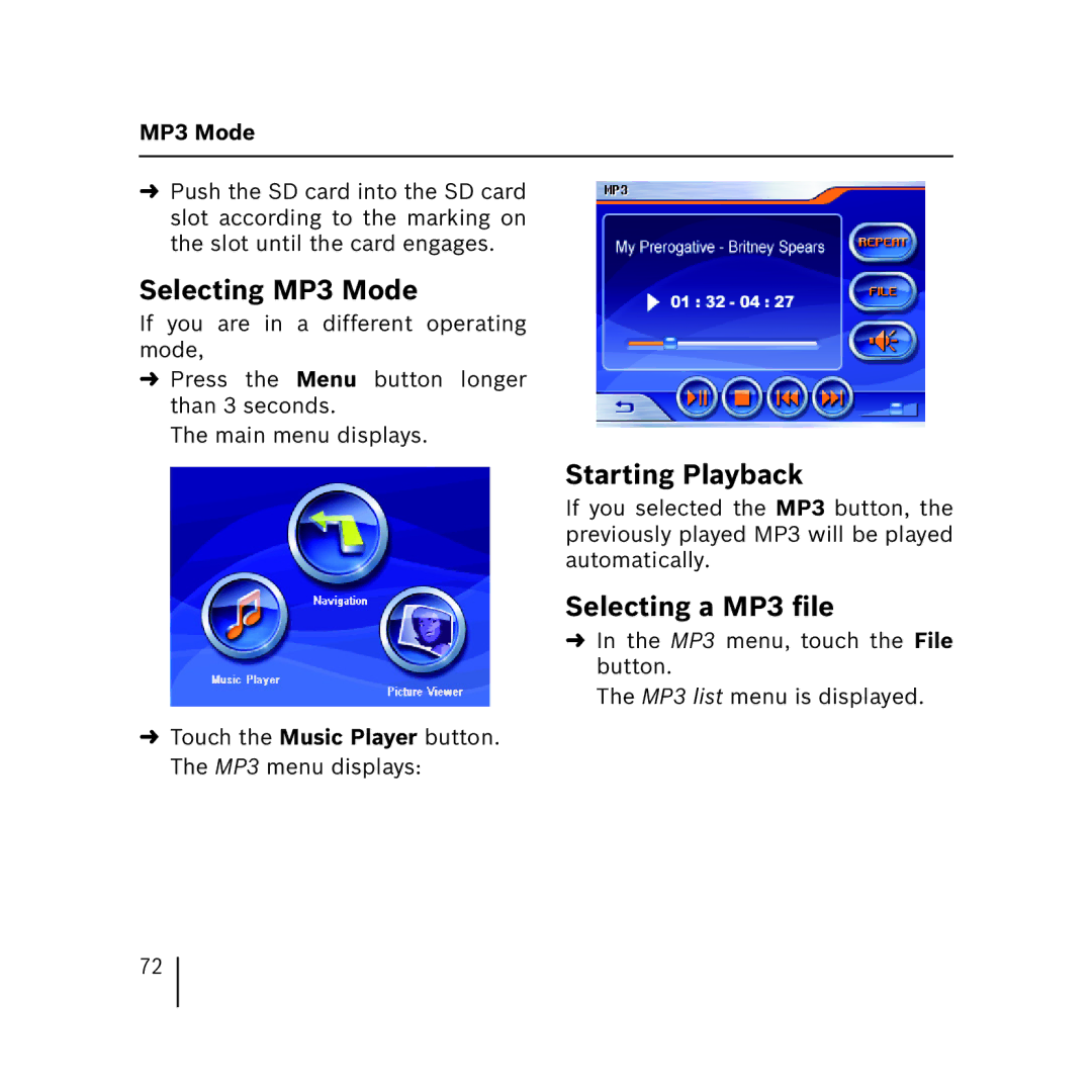 Blaupunkt 3.3 operating instructions Selecting MP3 Mode, Starting Playback, Selecting a MP3 ﬁle 