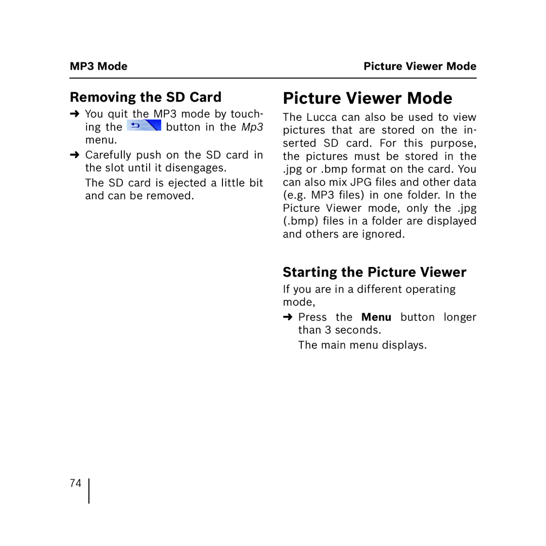 Blaupunkt 3.3 operating instructions Picture Viewer Mode, Removing the SD Card, Starting the Picture Viewer 