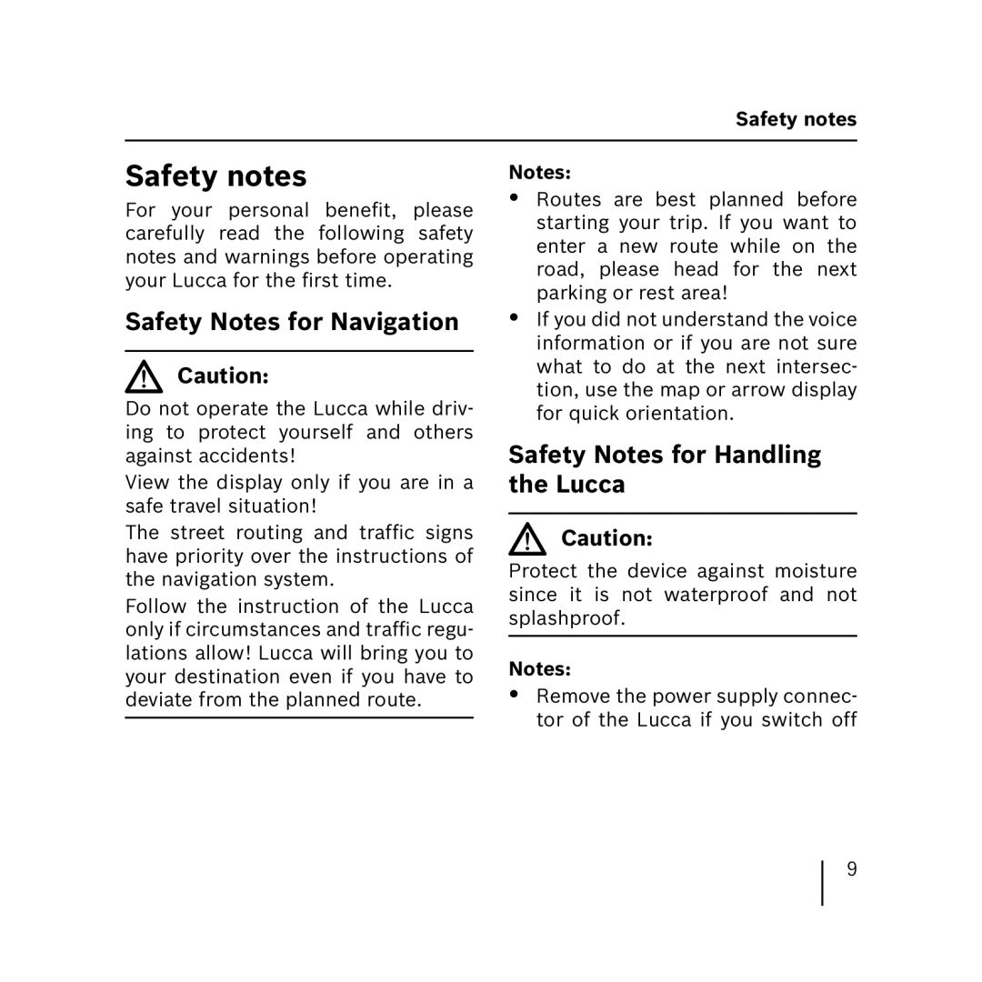 Blaupunkt 3.3 operating instructions Safety notes, Safety Notes for Navigation, Safety Notes for Handling the Lucca 