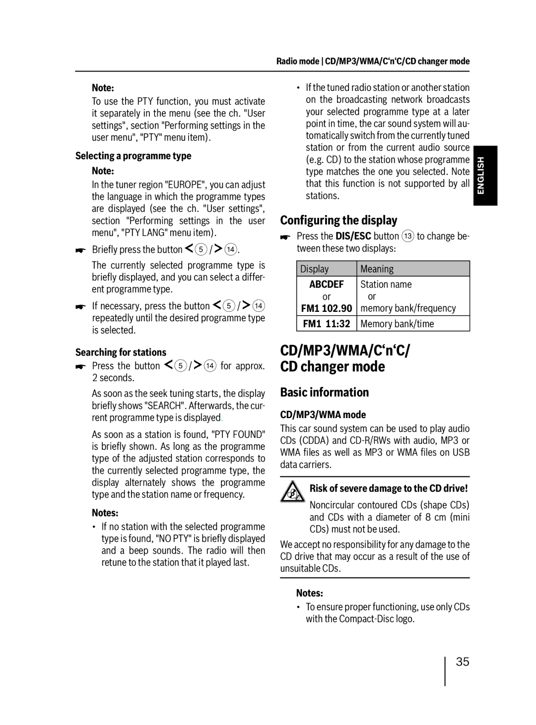 Blaupunkt 400 BT installation instructions CD/MP3/WMA/C‘n‘C CD changer mode, Conﬁguring the display, Basic information 