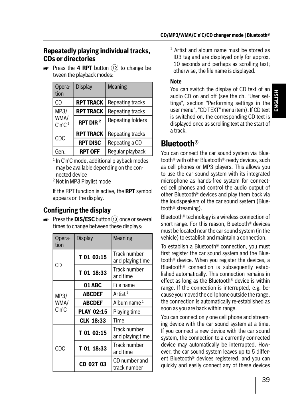 Blaupunkt 400 BT installation instructions Bluetooth, Repeatedly playing individual tracks, CDs or directories 