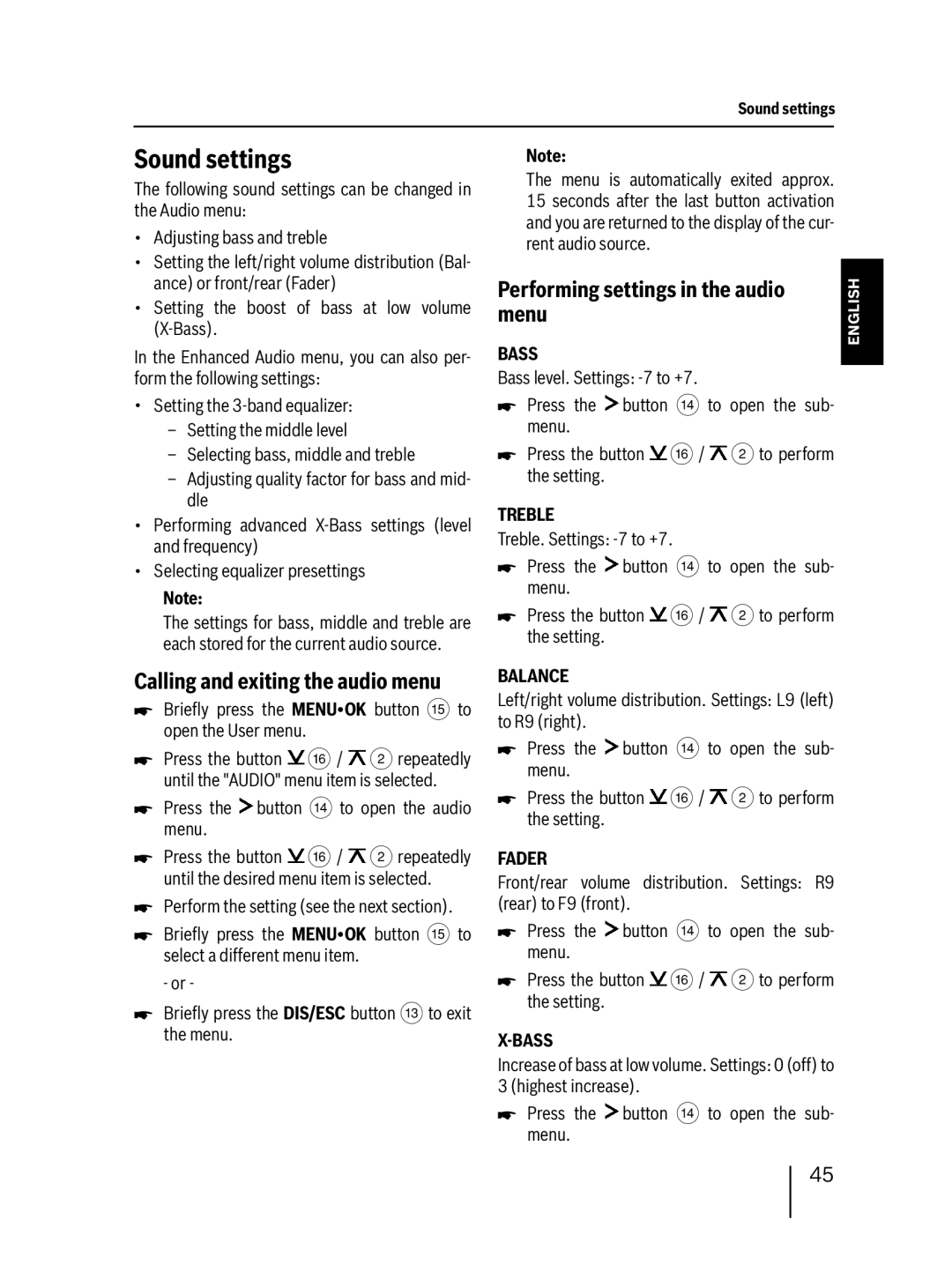 Blaupunkt 400 BT installation instructions Sound settings, Menu 