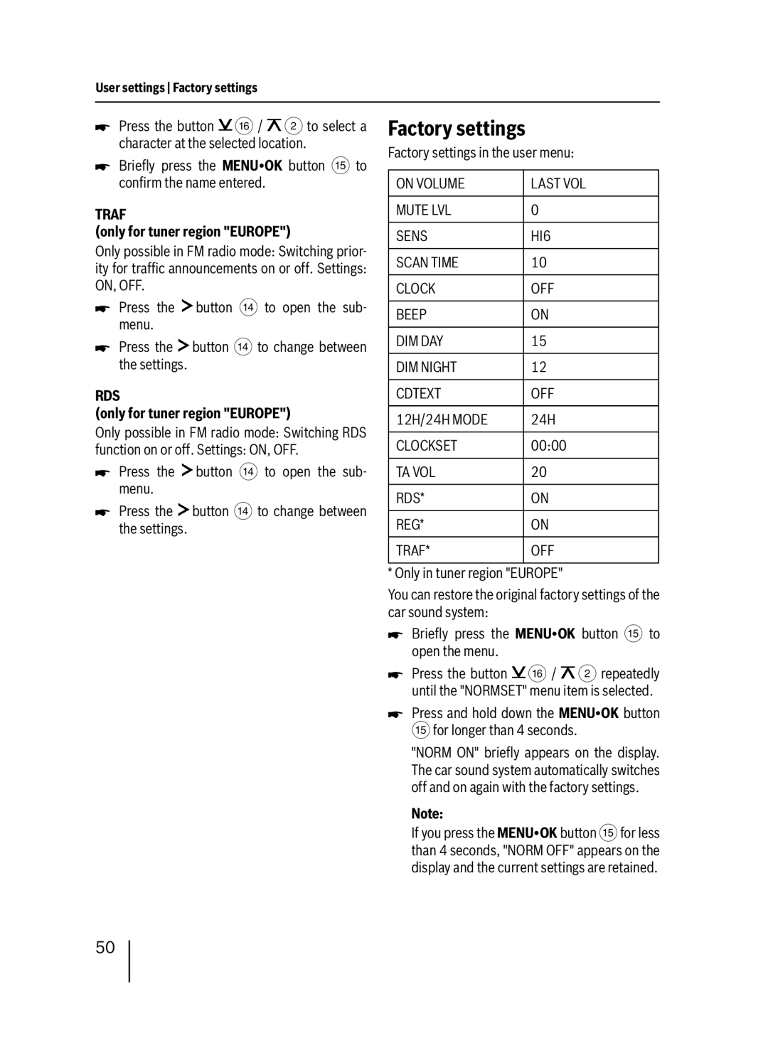 Blaupunkt 400 BT installation instructions Factory settings, Traf, Rds 