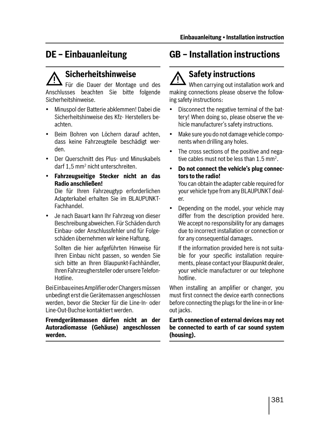 Blaupunkt 400 BT DE Einbauanleitung, Sicherheitshinweise, Safety instructions, GB Installation instructions, 381 