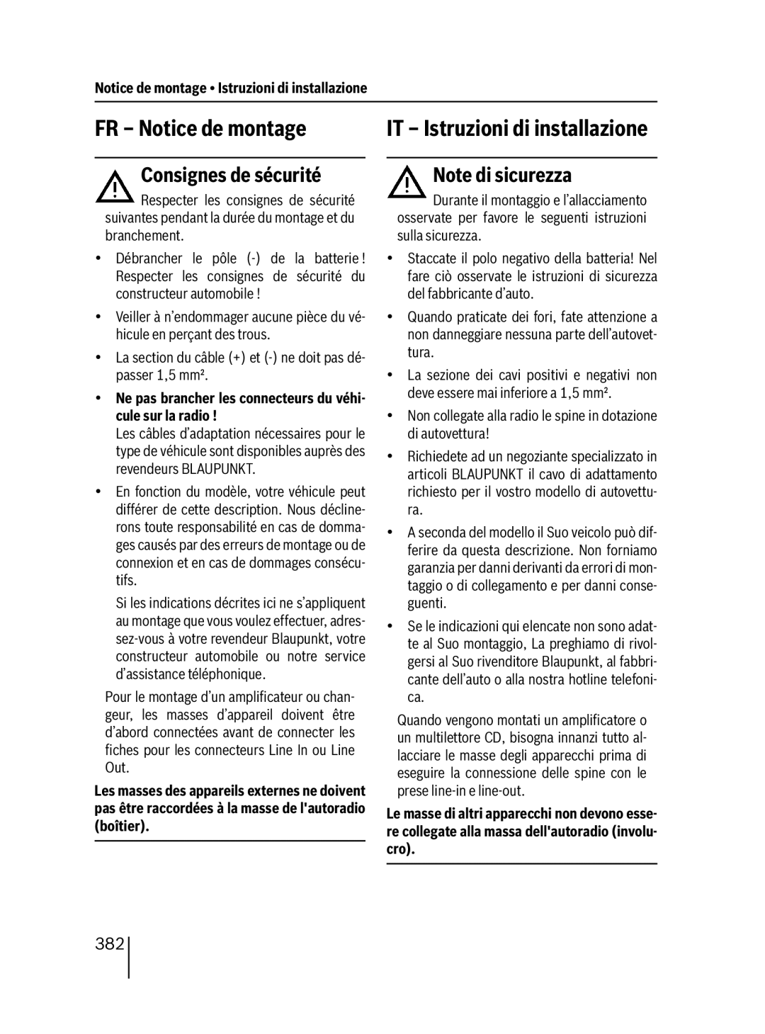 Blaupunkt 400 BT installation instructions FR Notice de montage, Consignes de sécurité, IT Istruzioni di installazione, 382 