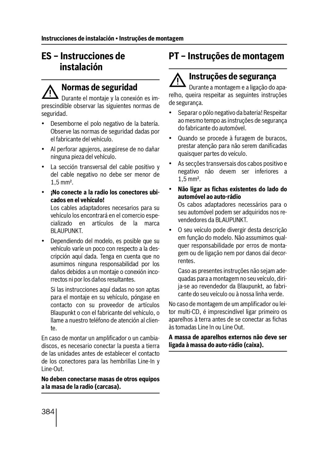 Blaupunkt 400 BT PT Instruções de montagem, ES Instrucciones de instalación Normas de seguridad, Instruções de segurança 