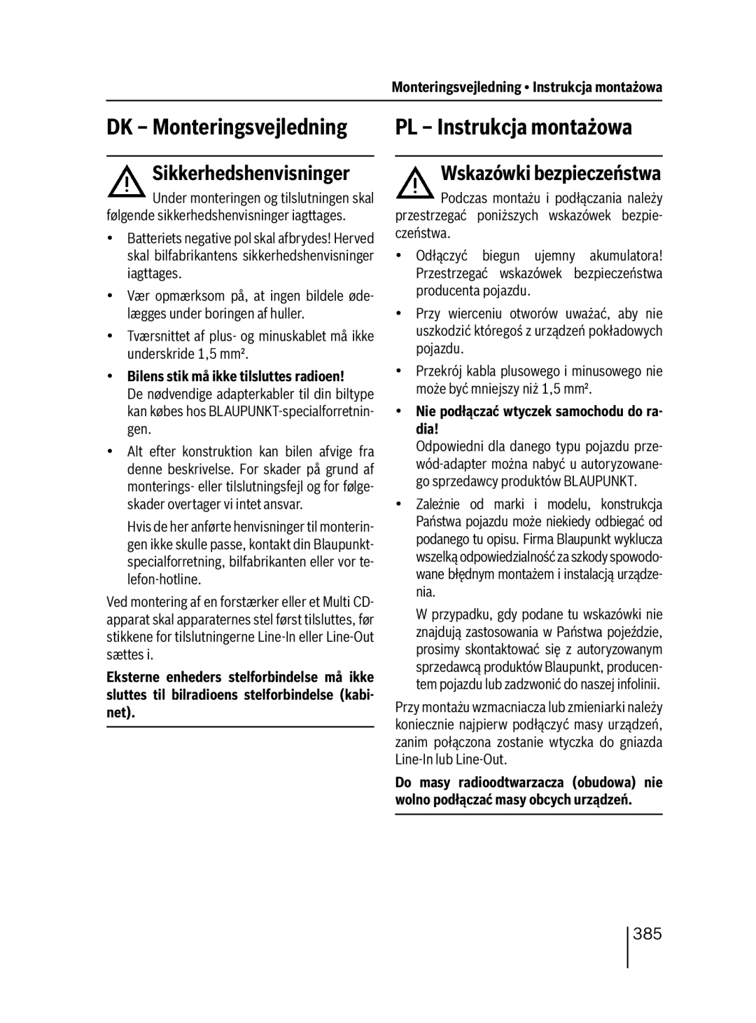 Blaupunkt 400 BT DK Monteringsvejledning, PL Instrukcja montażowa, Sikkerhedshenvisninger, Wskazówki bezpieczeństwa, 385 