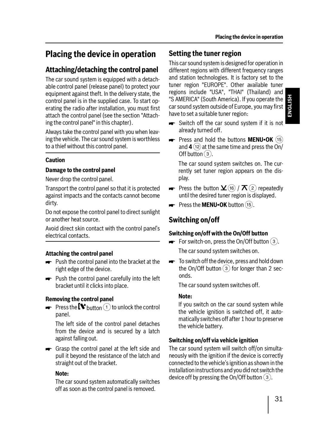 Blaupunkt 400 BT installation instructions Placing the device in operation, Setting the tuner region, Switching on/off 