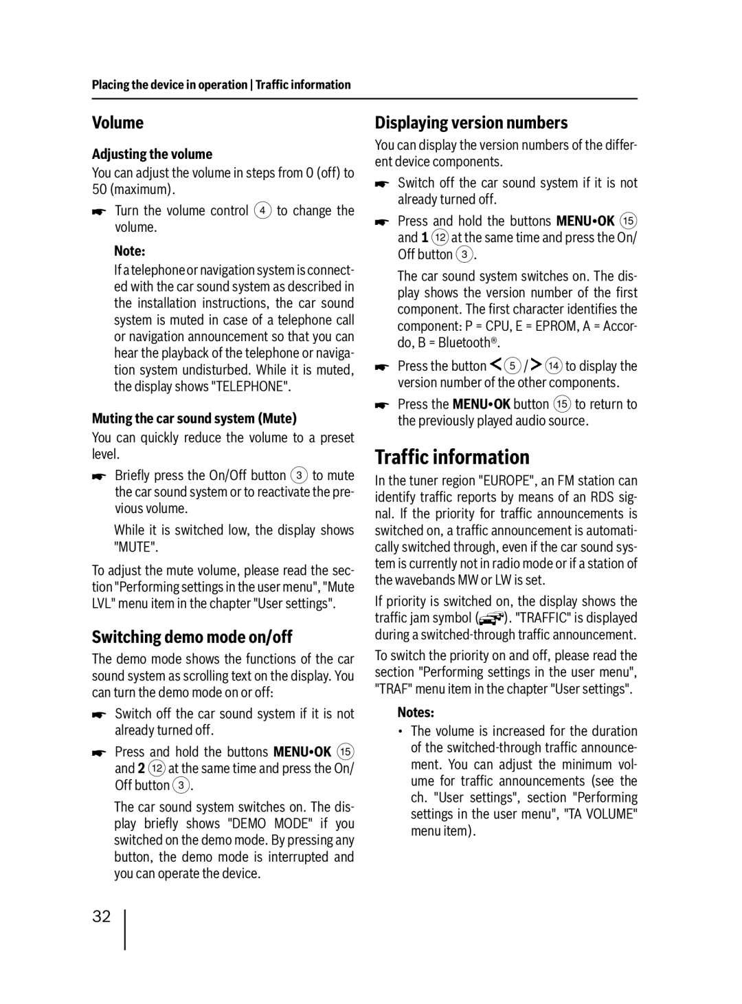 Blaupunkt 400 BT Trafﬁc information, Volume, Switching demo mode on/off, Displaying version numbers 