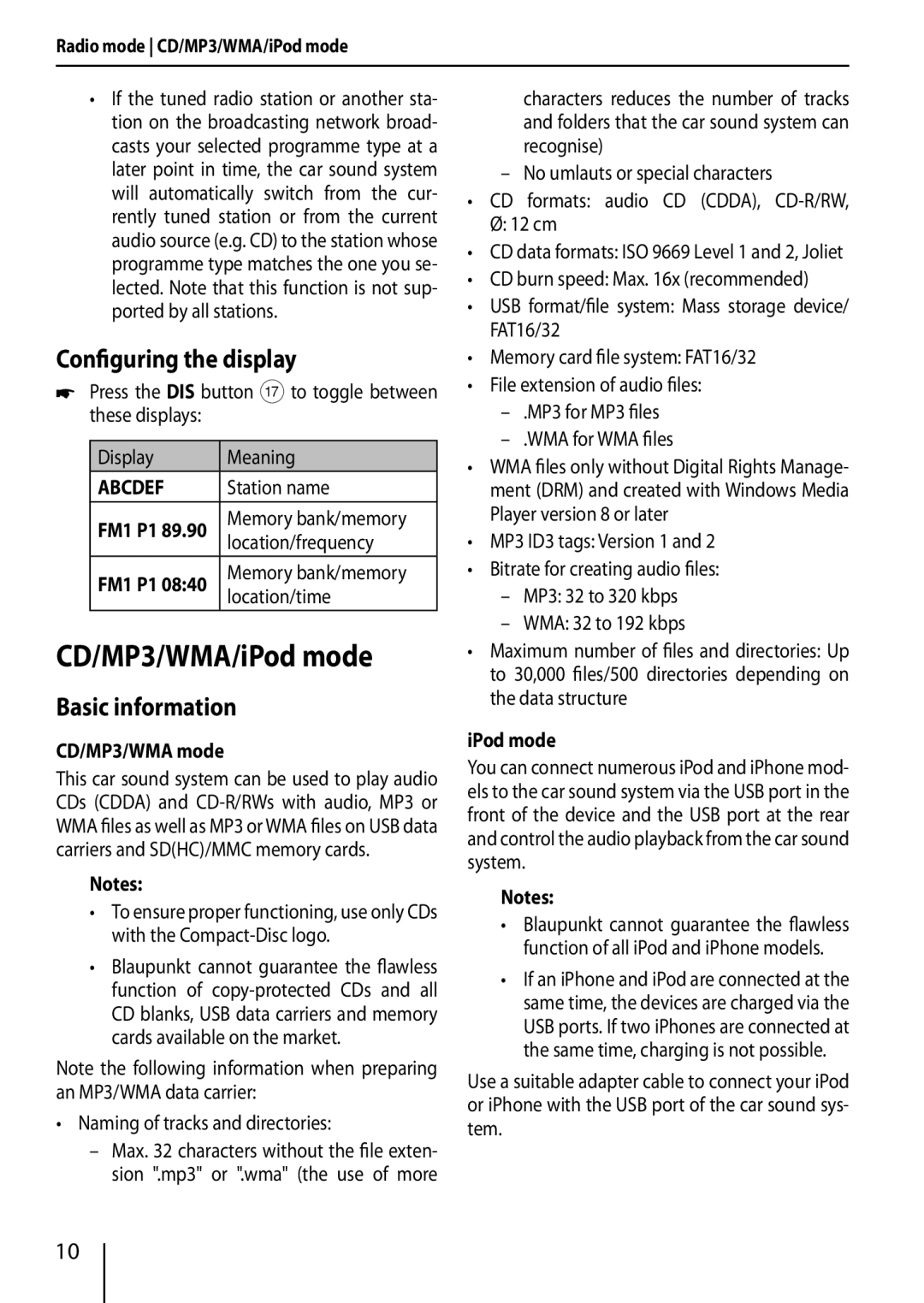 Blaupunkt 420 BT, 320 installation instructions CD/MP3/WMA/iPod mode, Configuring the display, Basic information, Abcdef 