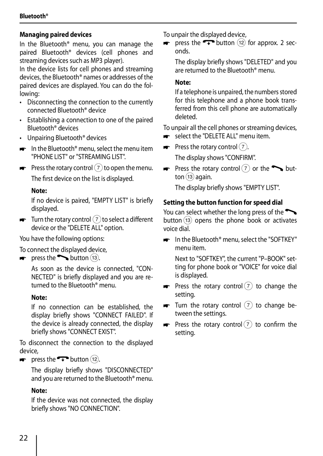 Blaupunkt 420 BT, 320 Managing paired devices, If no device is paired, Empty List is briefly displayed 