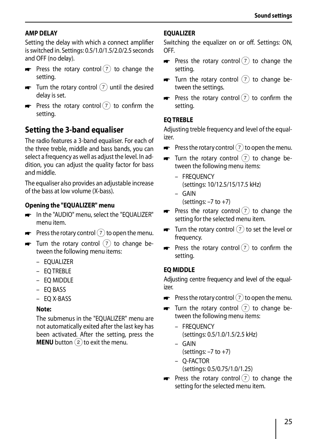 Blaupunkt 320, 420 BT installation instructions Setting the 3-band equaliser, AMP Delay, Equalizer, EQ Treble, EQ Middle 