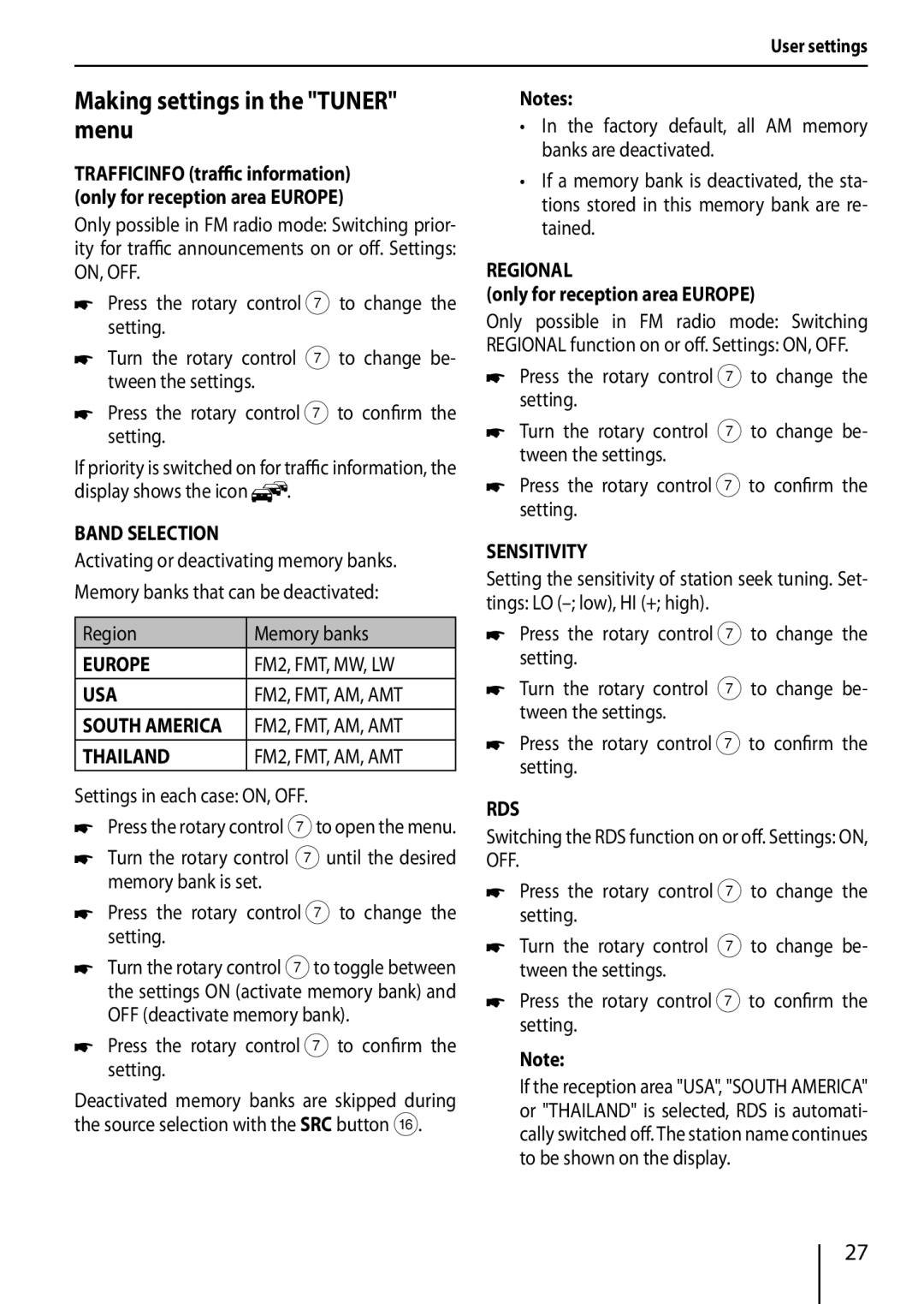 Blaupunkt 320, 420 BT Making settings in the Tuner menu, Band Selection, Regional, Sensitivity, Rds 