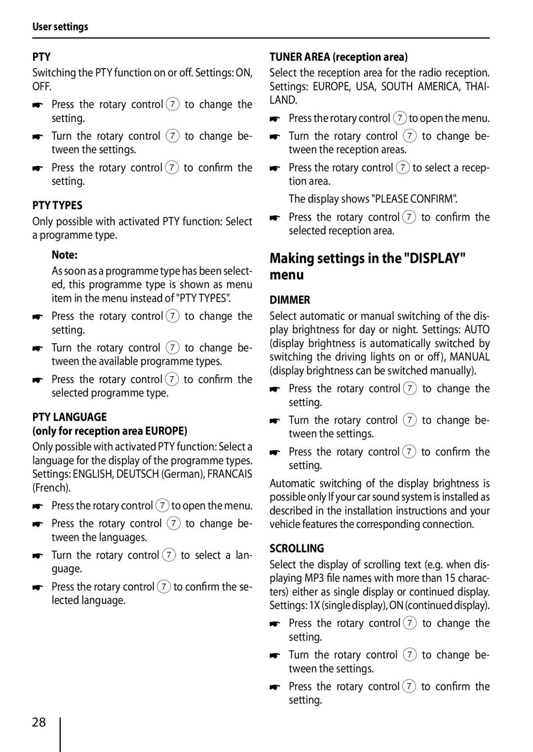 Blaupunkt 420 BT, 320 installation instructions Making settings in the Display menu 